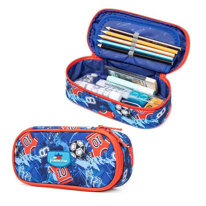 Boys pencil case with red and blue football design