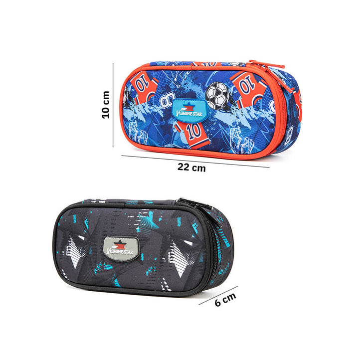 School pencil case with 10 pen slots inside and a football and abstract design for boys