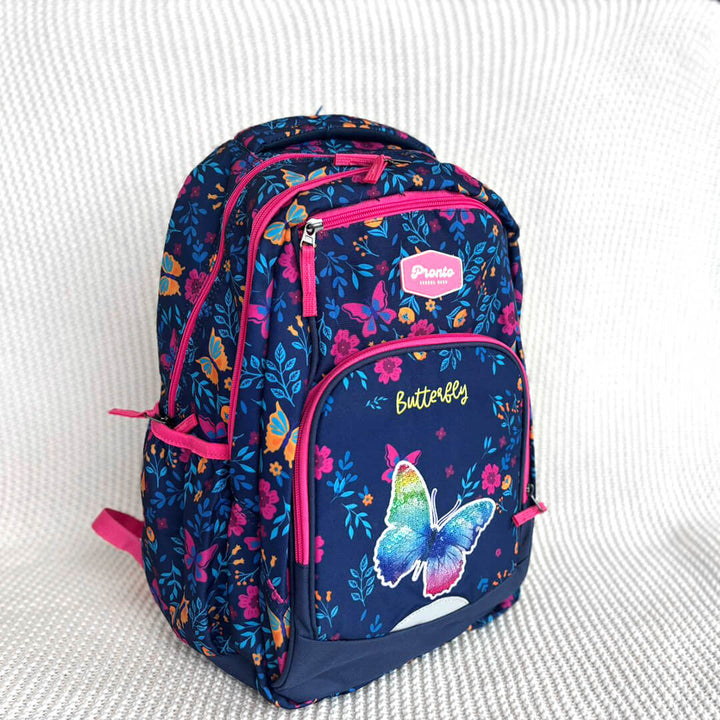 Navy backpack with pink butterflies and light blue leaves for school