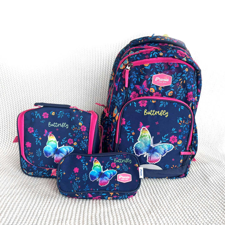 Girls school bag with padded straps and matching butterfly lunch bag