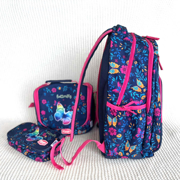 Waterproof school bag with butterfly-themed, side angle