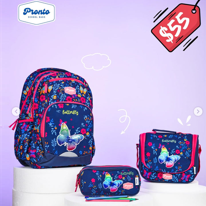 18-inch butterfly backpack set with lunch bag and pencil case for grade 4 to 9