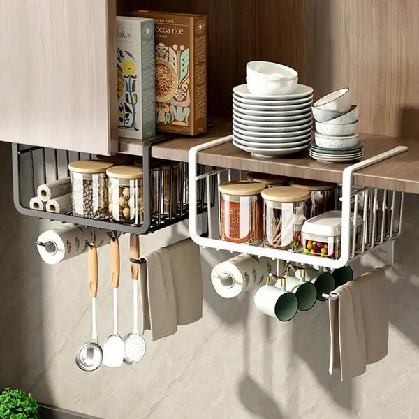 Under-shelf kitchen organizer basket in carbon steel