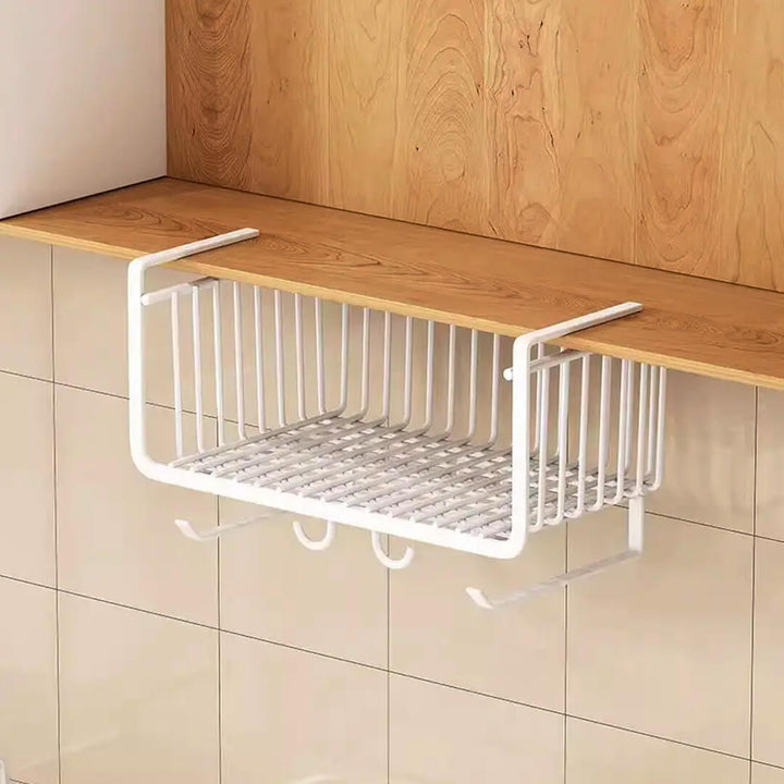 Hanging under-shelf basket for kitchen cabinet storage