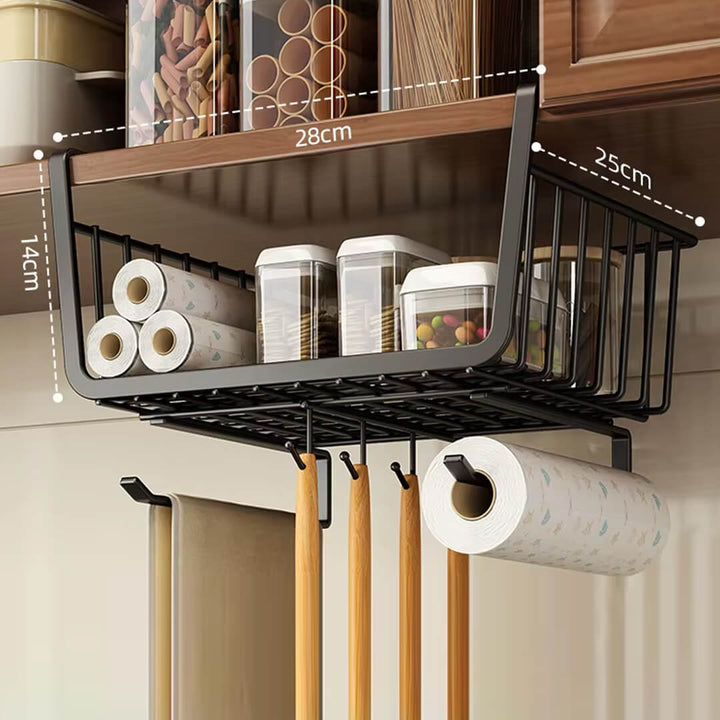 Hanging under-shelf basket for kitchen cabinet storage, dimensions