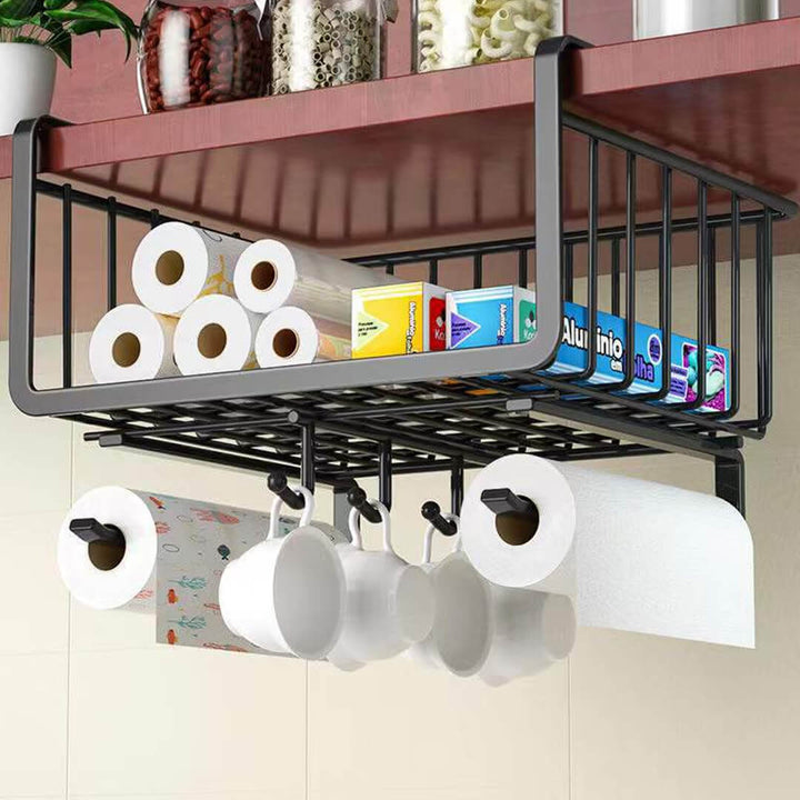 Dark grey Under-shelf kitchen organizer basket with hooks