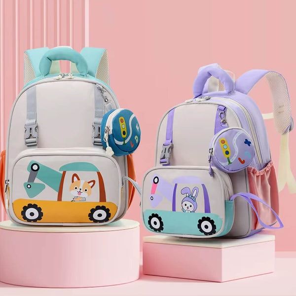 Kids’ cartoon excavator backpack set with snack pouch and mini pocket