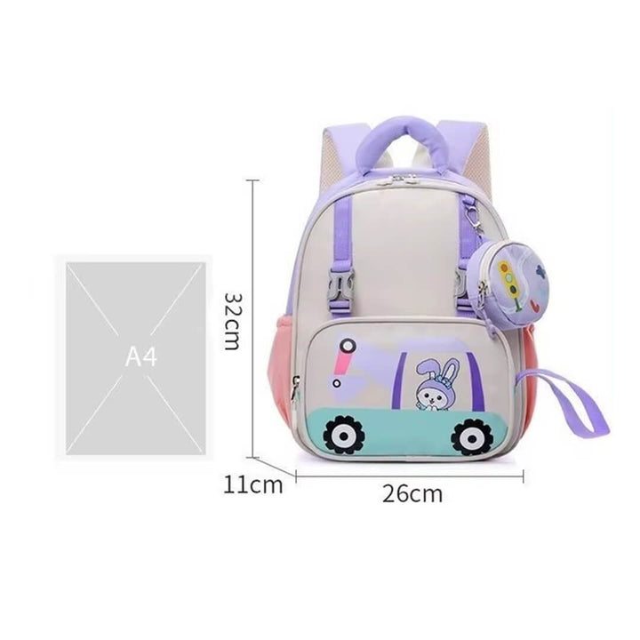 Purple rabbit girl’ school bag with cartoon excavator print, dimensions