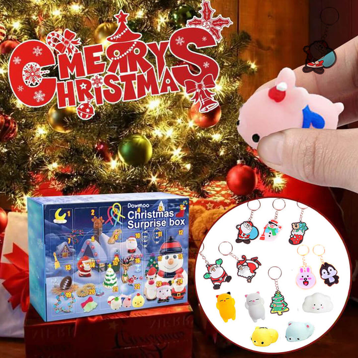 Blue advent calendar with squishy toys and keychains for Christmas countdown