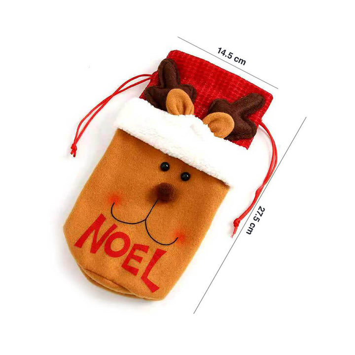 Fabric gift bag featuring reindeer design, dimensions
