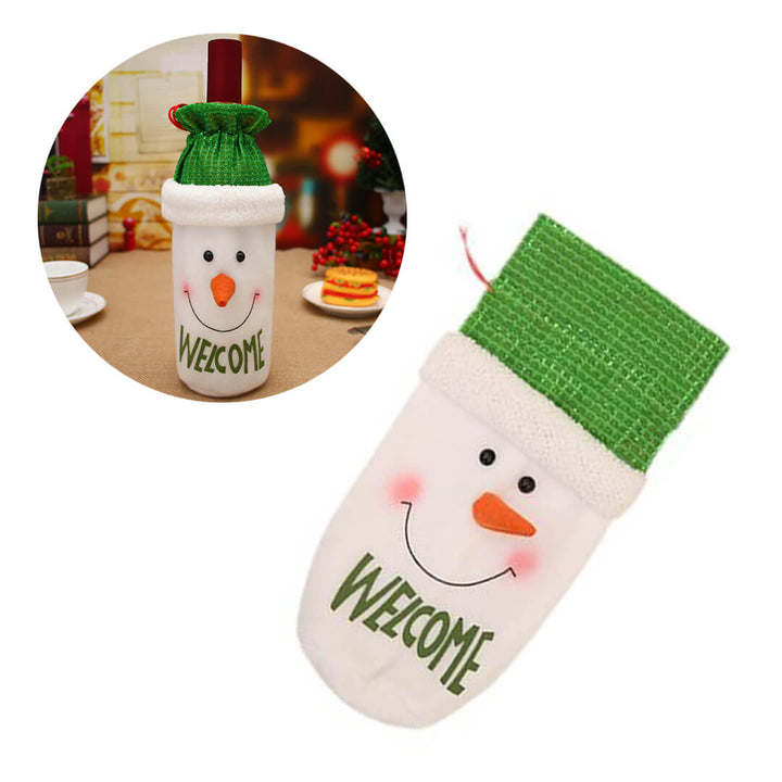 Handmade Christmas bottle bag with Snowman design and green glittery top