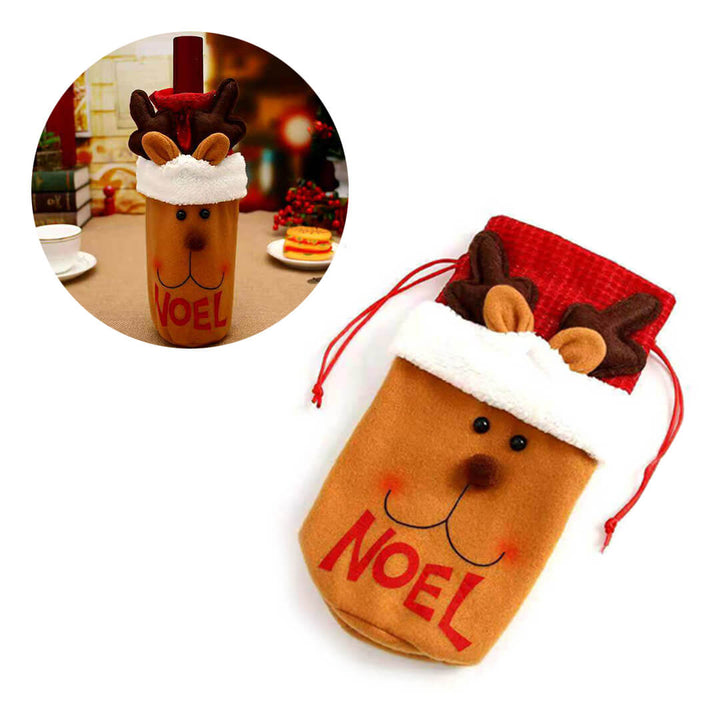 Handmade Christmas bottle bag with deer design and red glittery top