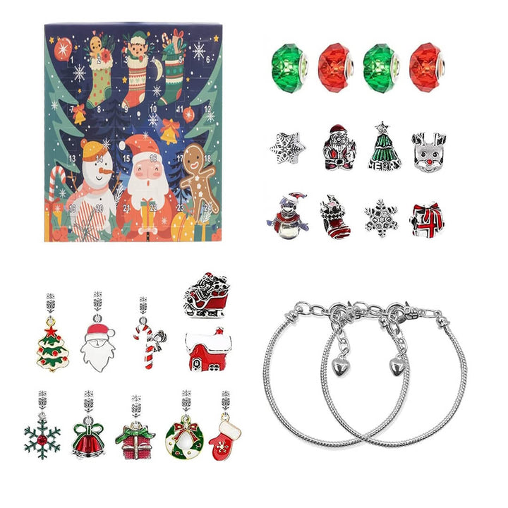 Advent calendar featuring festive charm bracelet set for girl, 24 days to christmas