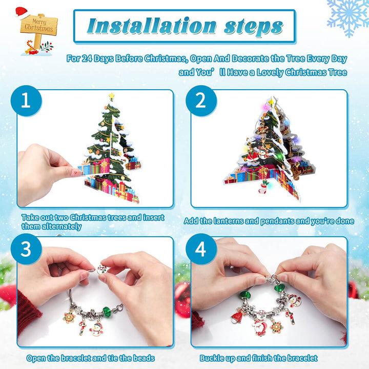 Step-by-step guide for decorating a Christmas tree with jewelry and charms from the christmas calendar daily surprises
