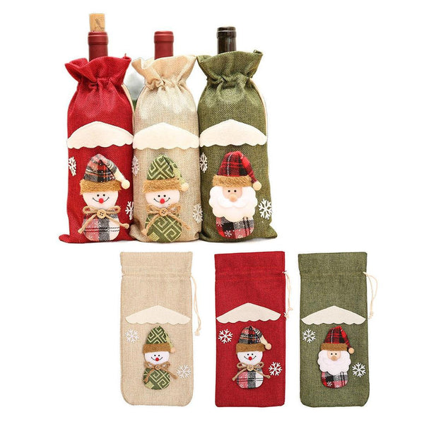 Linen Christmas bottle bags with festive Santa and snowman designs