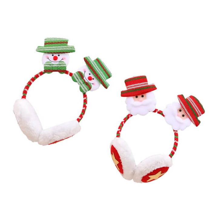 Pair of Christmas-themed earmuffs with snowman and Santa Claus designs