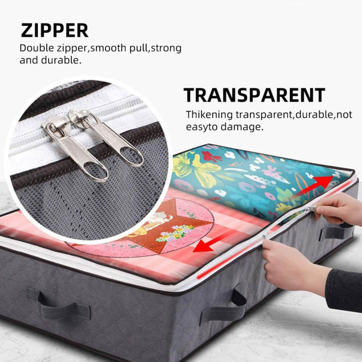 Fabric storage bag with reinforced zippers and transparent lid