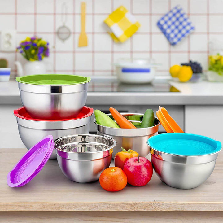 7Pcs Stainless Steel Salad Bowl Set With Lid - 18-30Cm