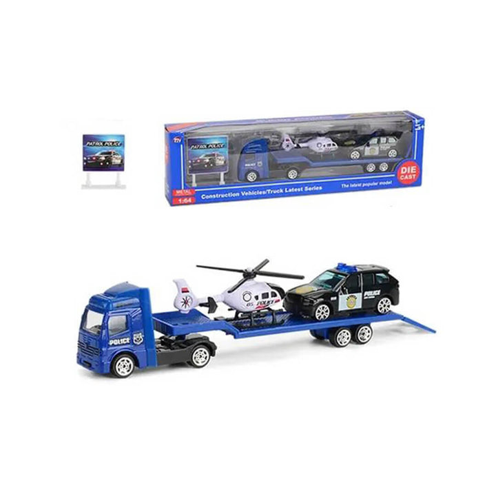 Compact Vehicle Trailer Truck Set - Red Fire, Blue Police, Yellow Construction Blue