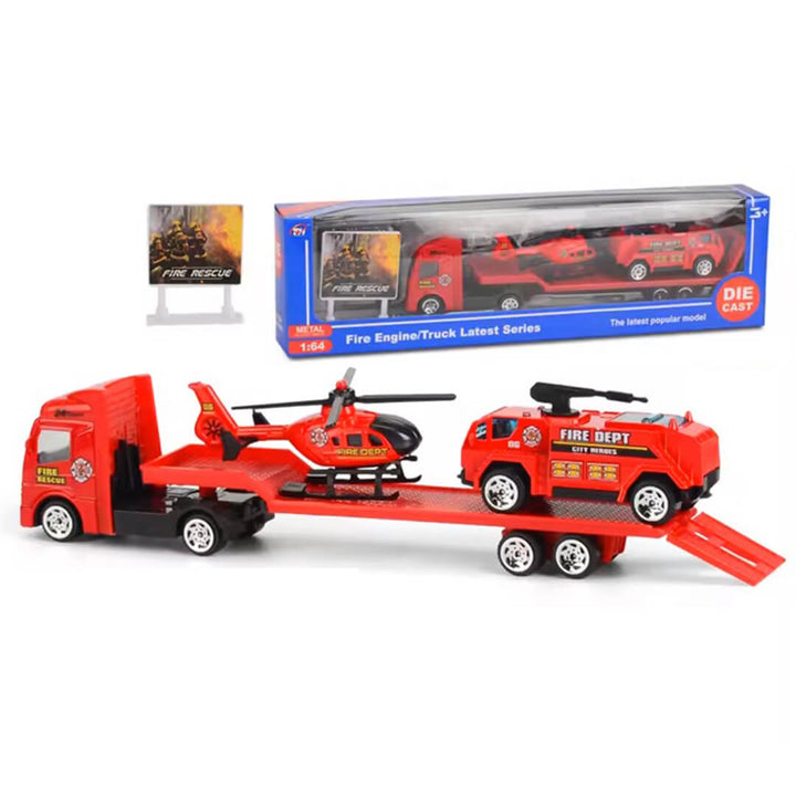 Compact Vehicle Trailer Truck Set - Red Fire, Blue Police, Yellow Construction Red
