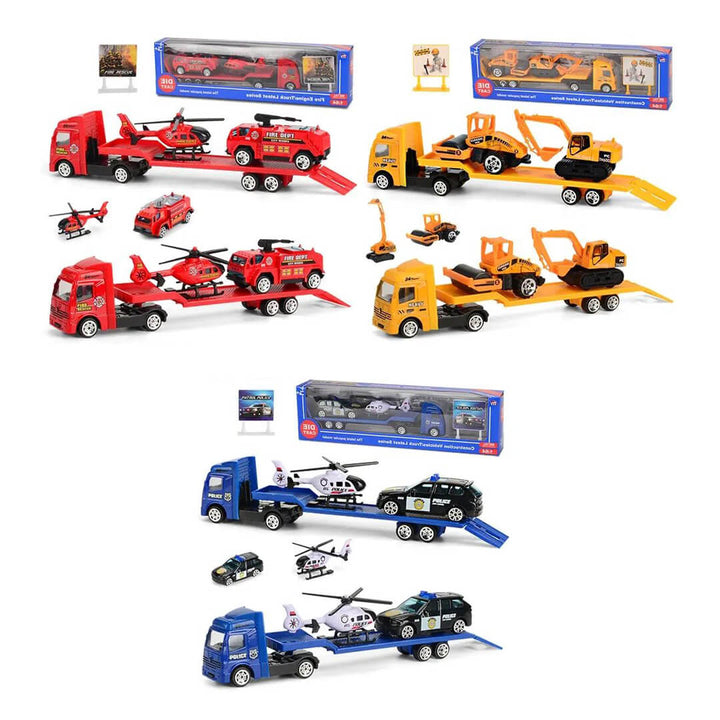Compact Vehicle Trailer Truck Set - Red Fire, Blue Police, Yellow Construction