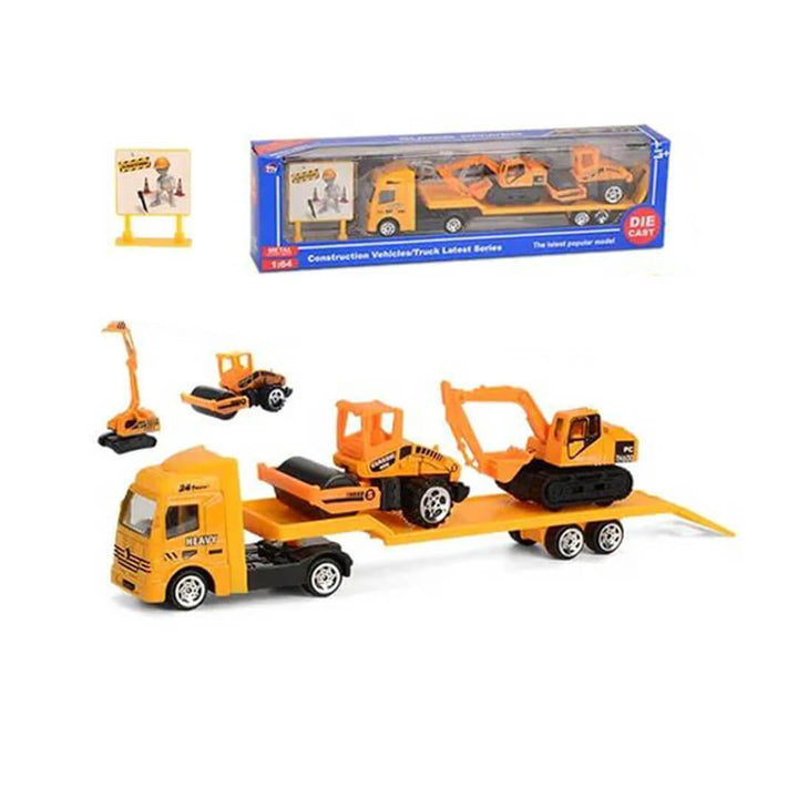Compact Vehicle Trailer Truck Set - Red Fire, Blue Police, Yellow Construction Yellow