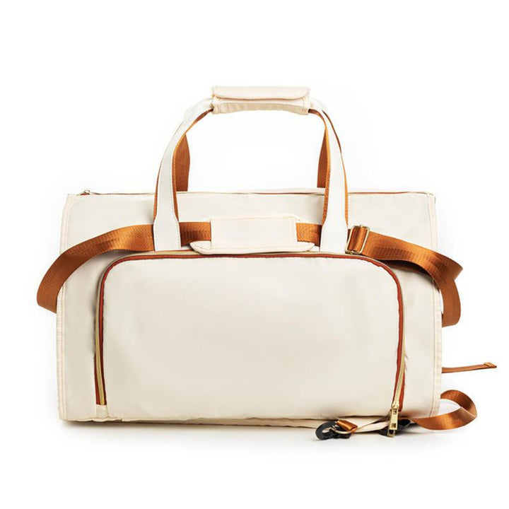 Convertible beige travel garment bag with detachable garment bag.