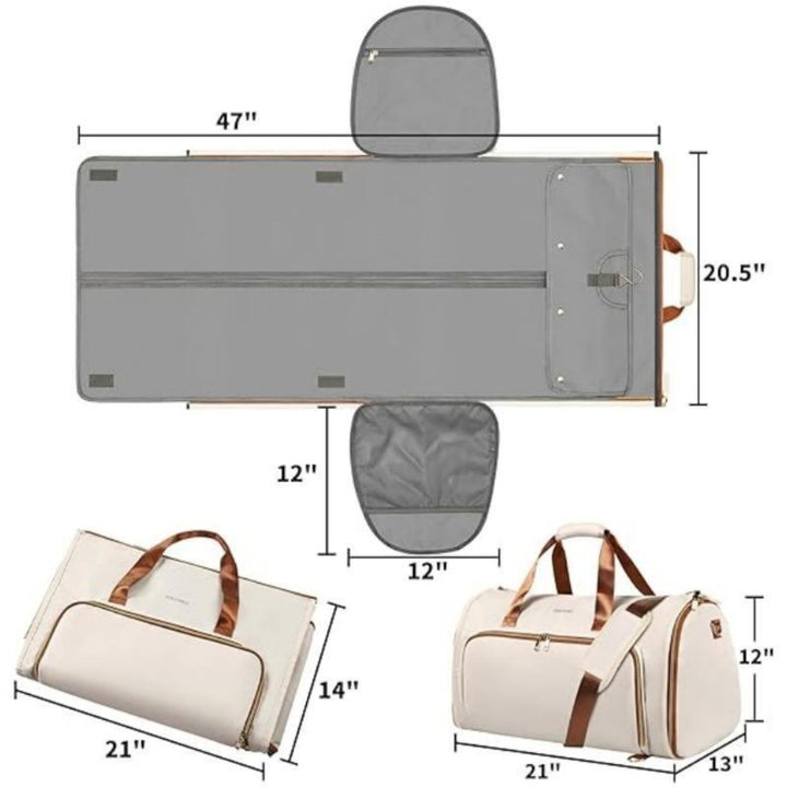 Beige hanging suit bag with compartments and shoulder strap, dimensions