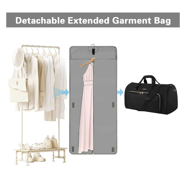 Black garment backpack and shoulder bag; detachable dress and suit hanger.