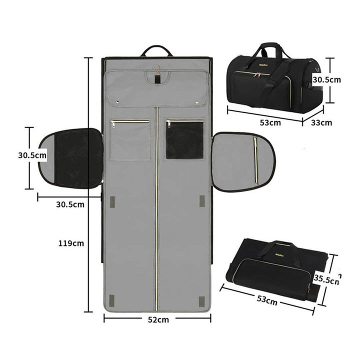 Black waterproof garment bag for business travel, dimensions