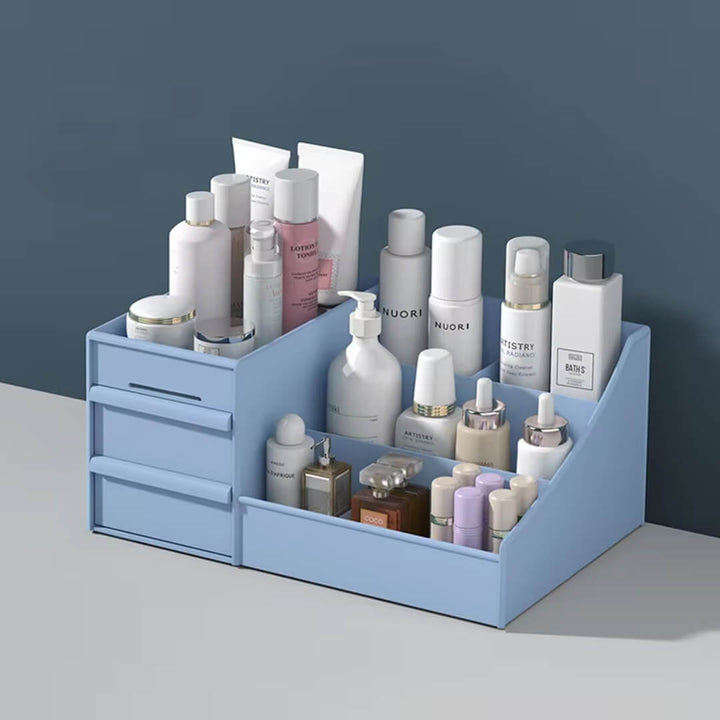 Multifunctional makeup organizer with 2 drawers and 7 compartments, blue