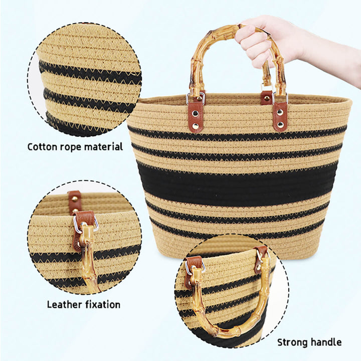 Cotton Woven Striped Tote Bag with Bamboo Handles