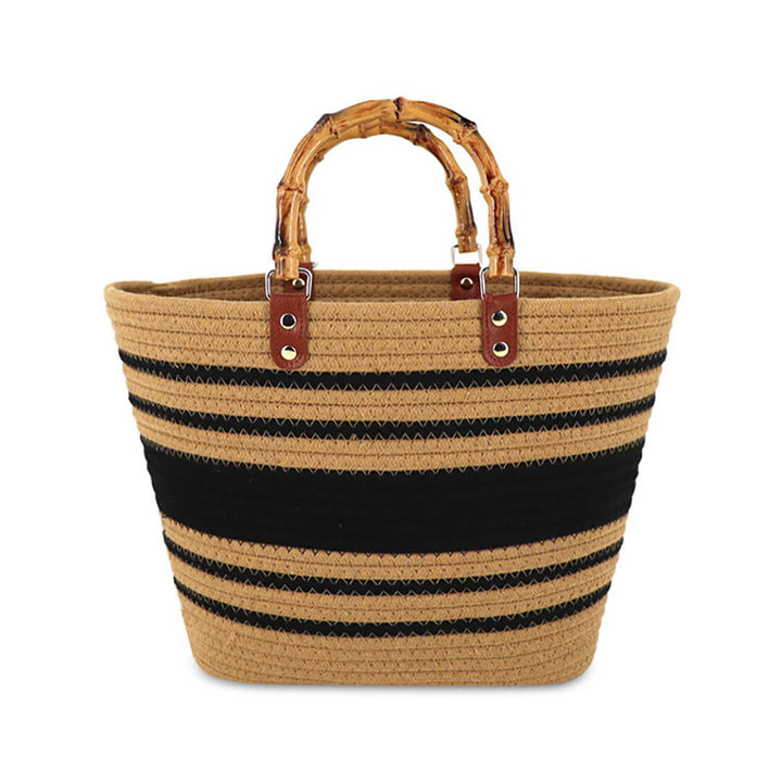 Cotton Woven Striped Tote Bag with Bamboo Handles
