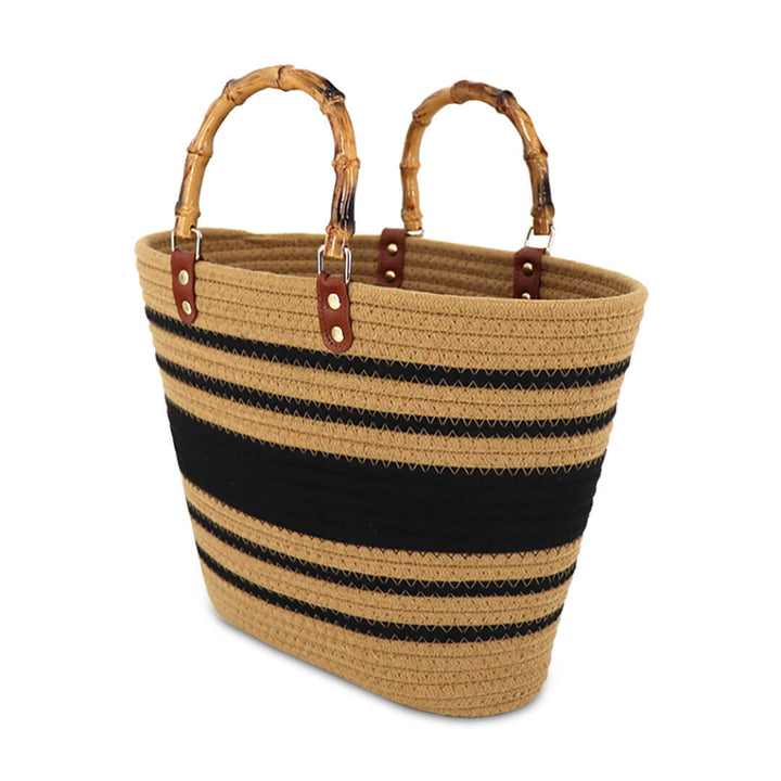Cotton Woven Striped Tote Bag with Bamboo Handles