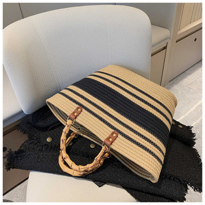 Cotton Woven Striped Tote Bag with Bamboo Handles Brown