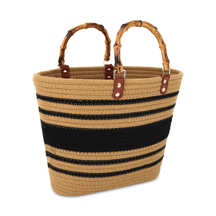 Cotton Woven Striped Tote Bag with Bamboo Handles