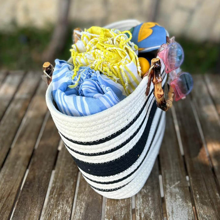 Cotton Woven Striped Tote Bag with Bamboo Handles