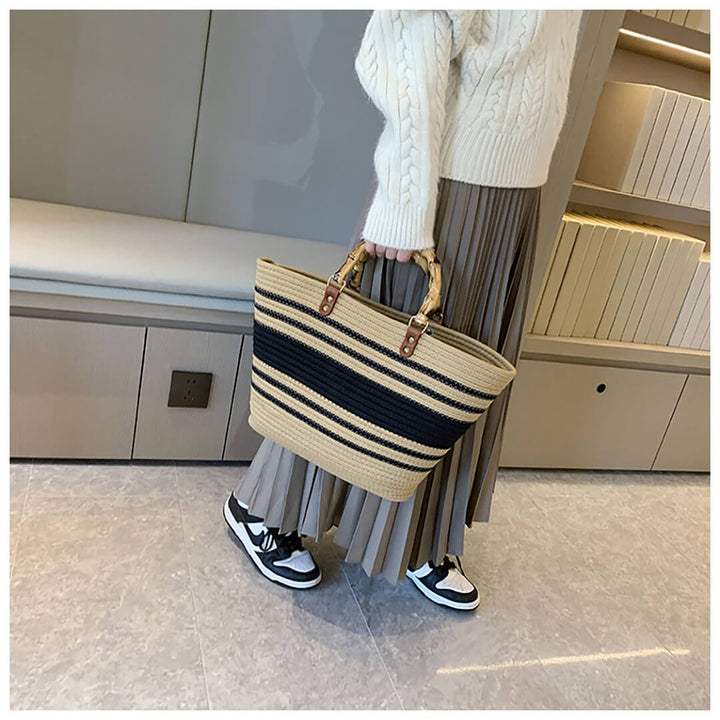 Cotton Woven Striped Tote Bag with Bamboo Handles