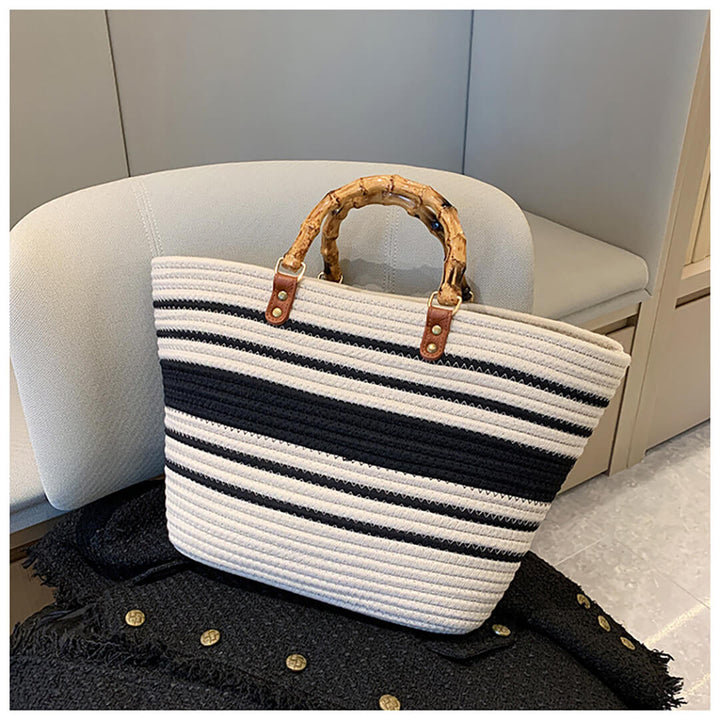 Cotton Woven Striped Tote Bag with Bamboo Handles