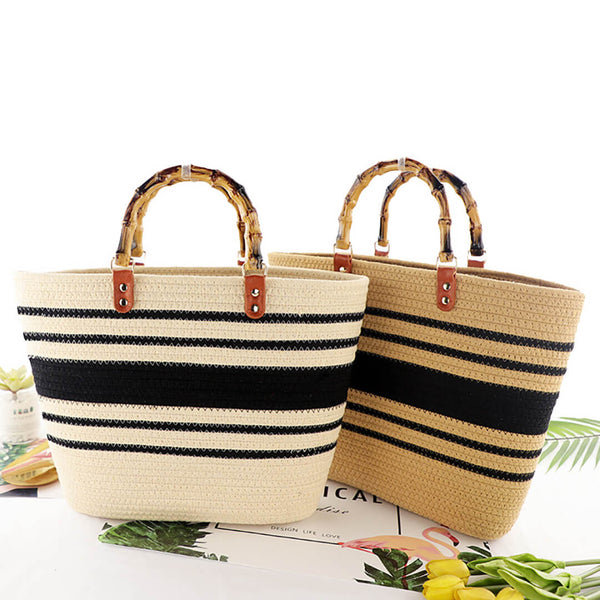 Cotton Woven Striped Tote Bag with Bamboo Handles