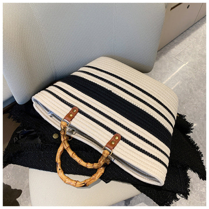 Cotton Woven Striped Tote Bag with Bamboo Handles Beige