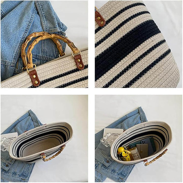 Cotton Woven Striped Tote Bag with Bamboo Handles