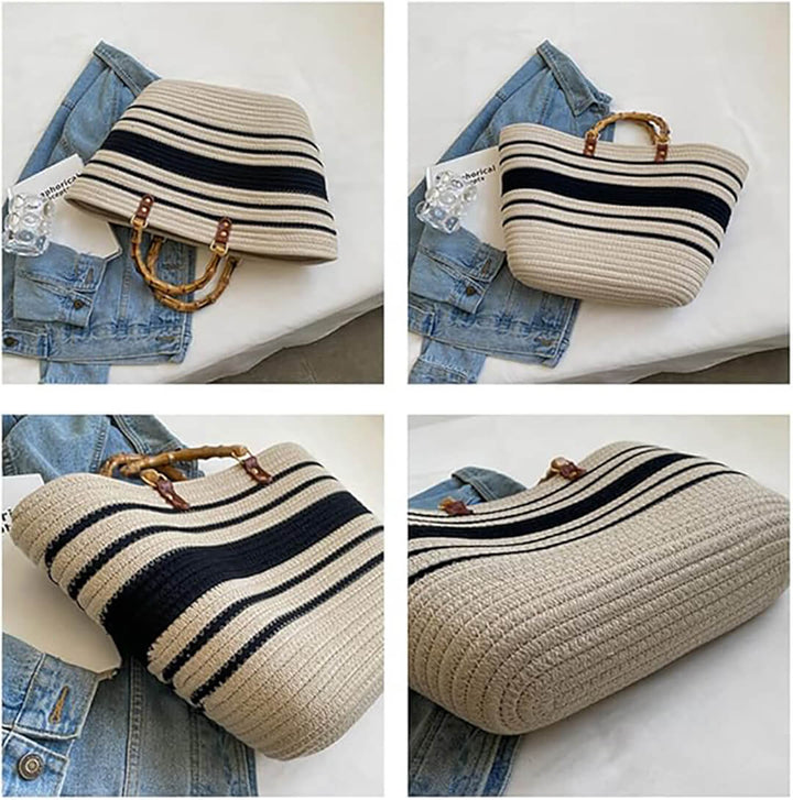 Cotton Woven Striped Tote Bag with Bamboo Handles