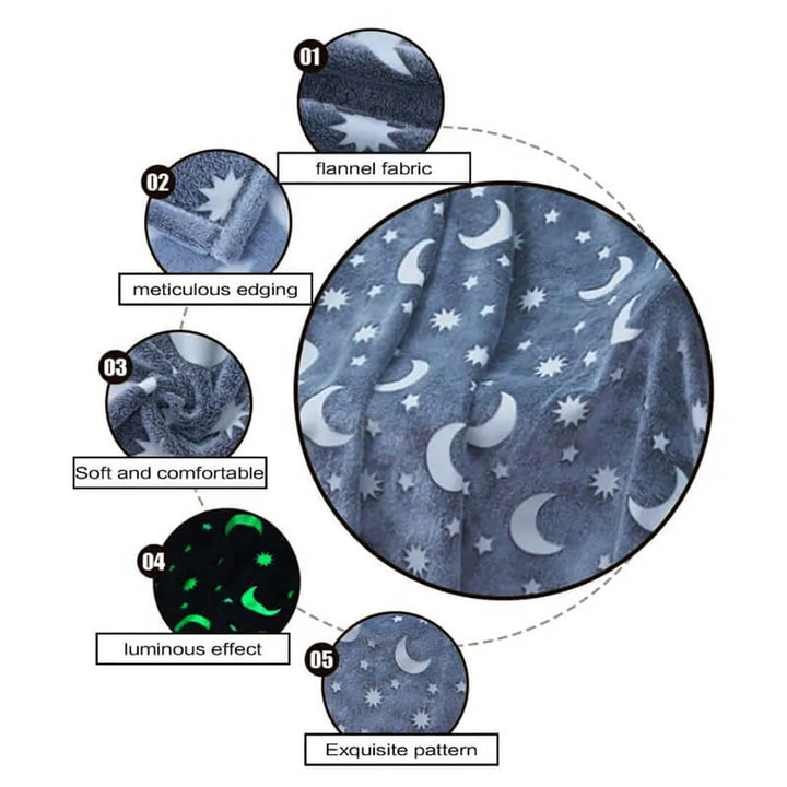 Dark navy Stars & Moons Glow-in-the-Dark Plush Blanket - 150 x 200 cm