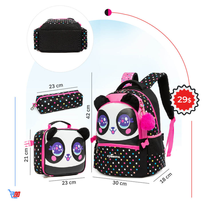 Panda-themed backpack set with lunch bag and water bottle for grade 1 to 3
