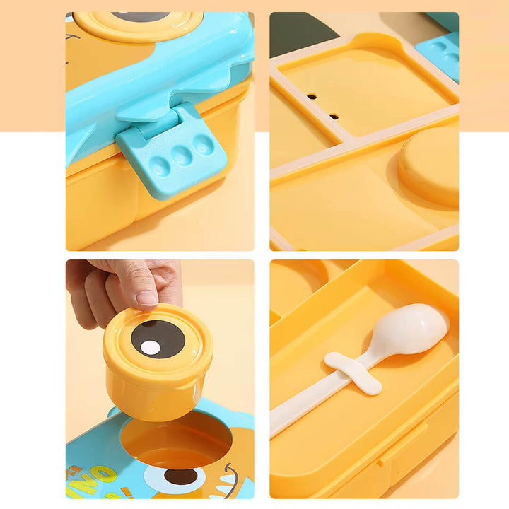 Dinosaur-themed lunch boxes for kids, detailed shots