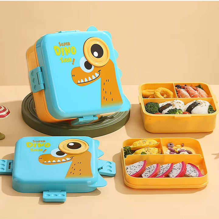 Dinosaur-themed lunch boxes, dual layers with container and spoon 