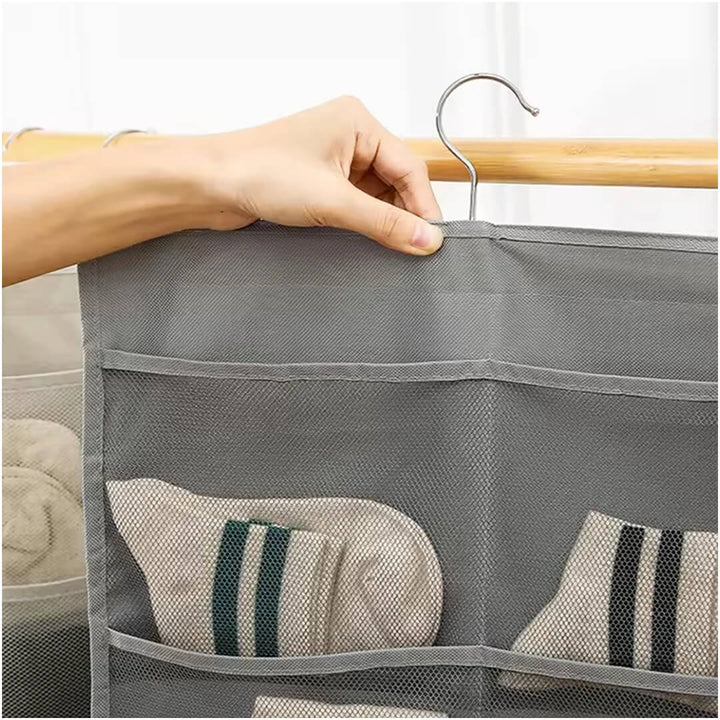 Foldable fabric closet organizer with rotating hook, close-up shot