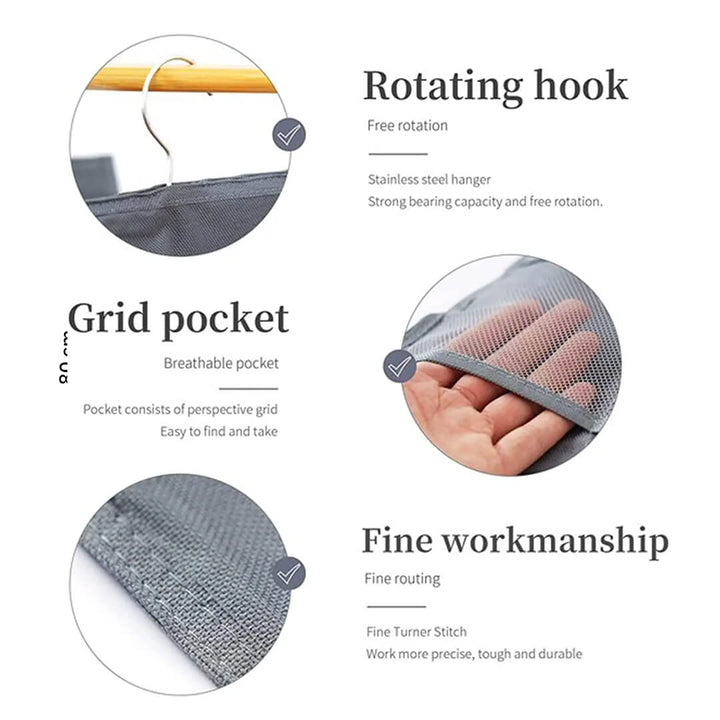 Foldable fabric closet organizer with rotating hook and 15 grid pockets