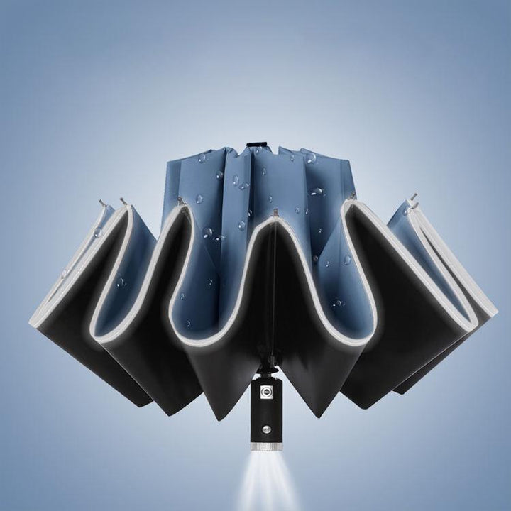 Windproof Automatic 3-Fold Inverted Umbrella with Built-In LED Light - Blue Blue